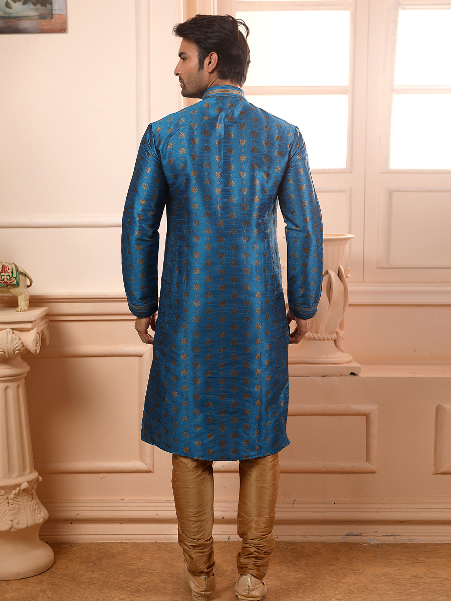 Cerulean Blue Jacquard Silk Handwoven Festival Kurta