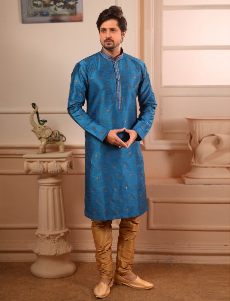 Cerulean Blue Jacquard Silk Handwoven Festival Kurta