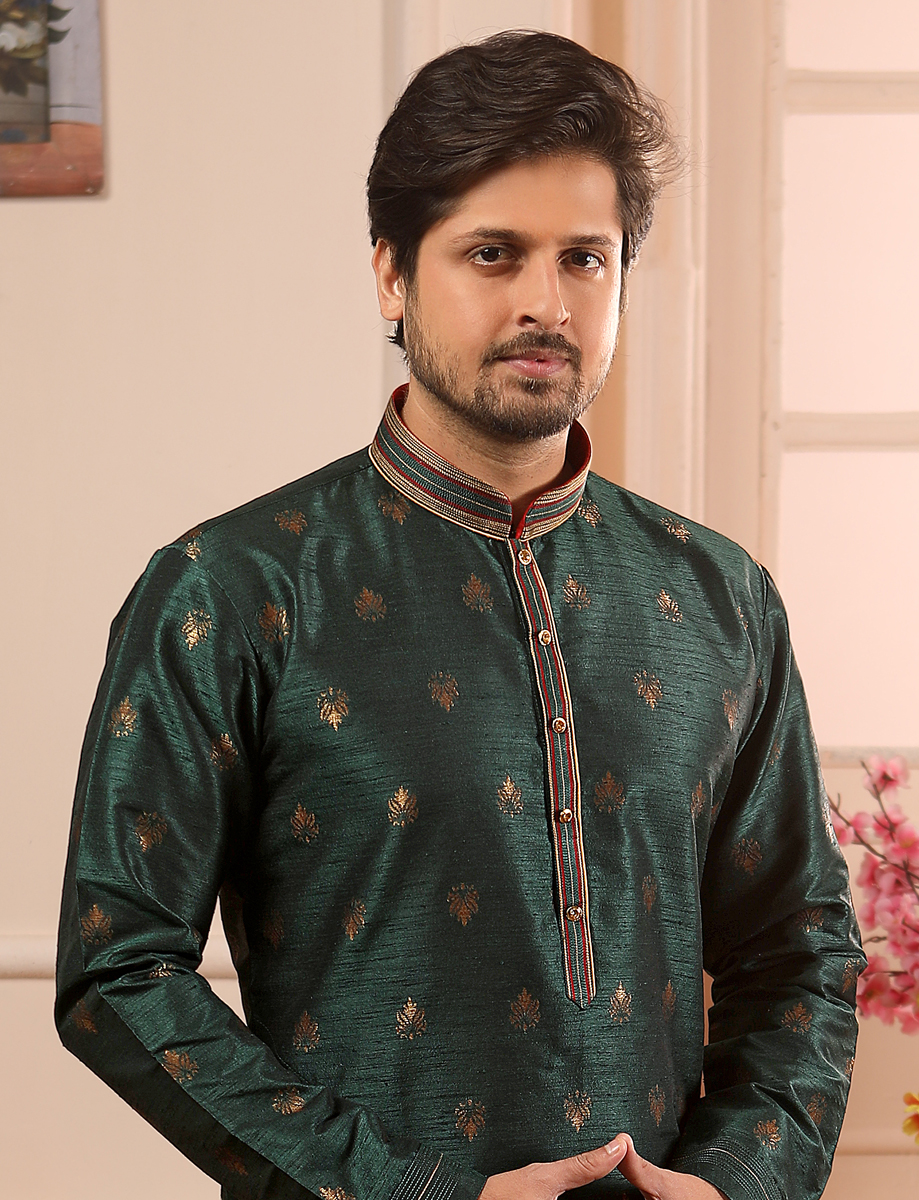 Hunter Green Jacquard Silk Handwoven Festival Kurta