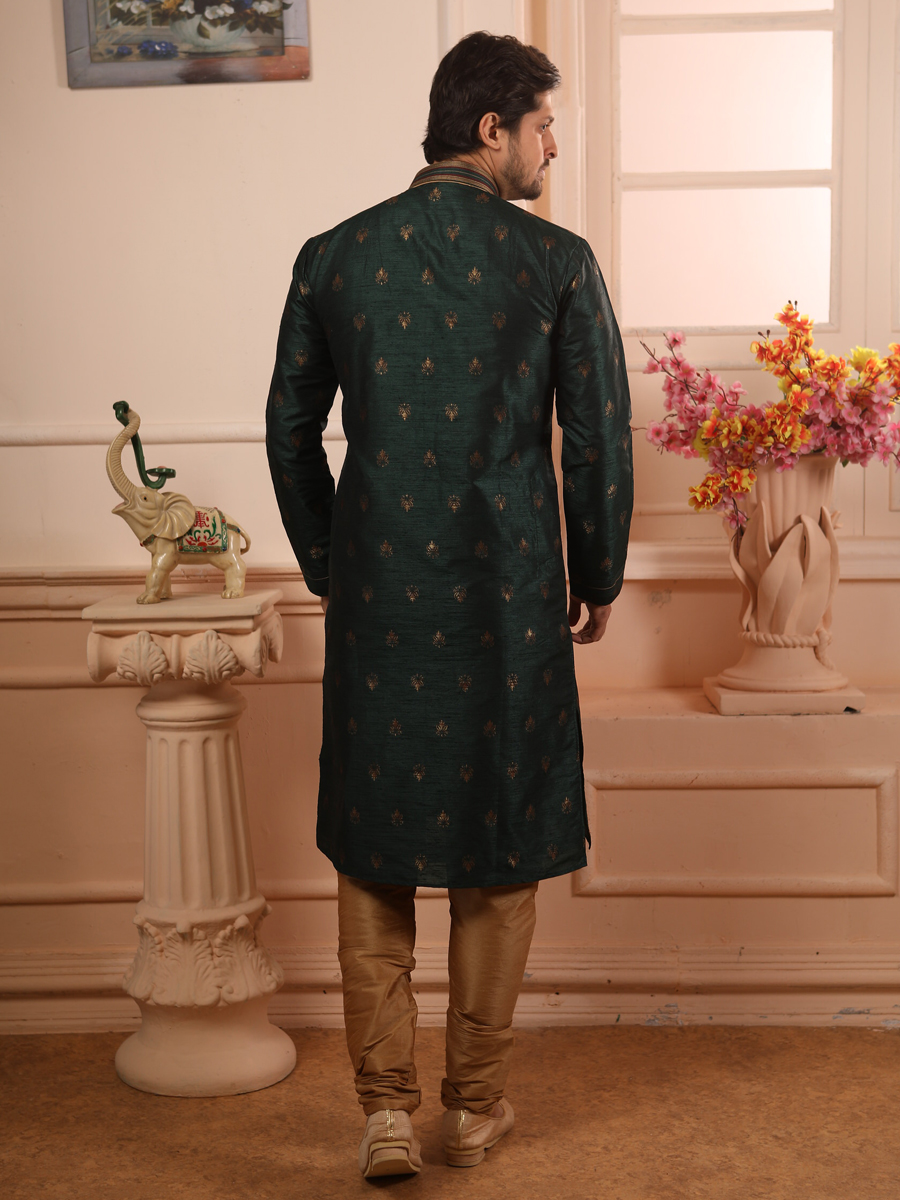 Hunter Green Jacquard Silk Handwoven Festival Kurta
