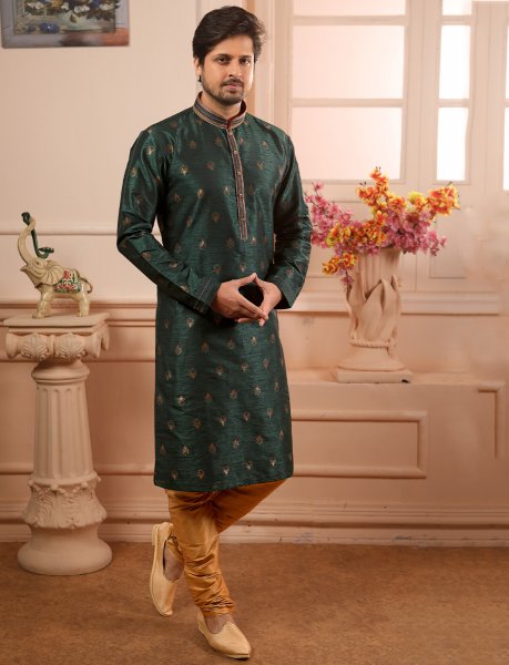 Hunter Green Jacquard Silk Handwoven Festival Kurta