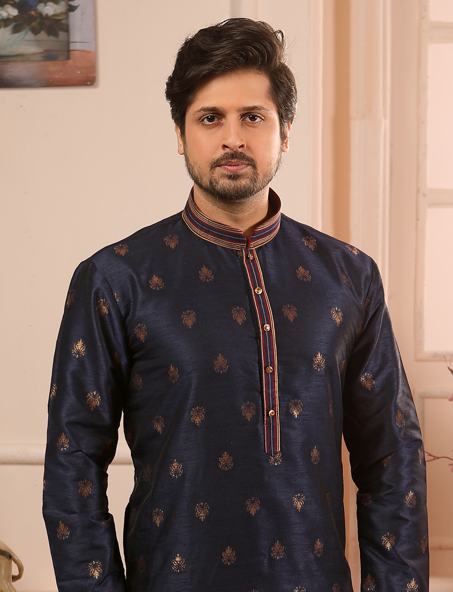 Sapphire Blue Jacquard Silk Handwoven Festival Kurta