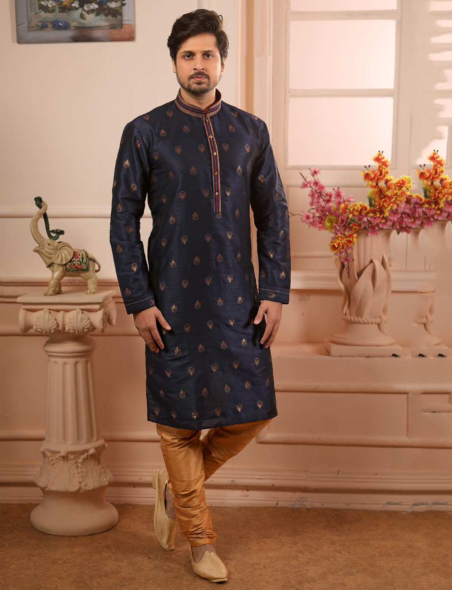 Sapphire Blue Jacquard Silk Handwoven Festival Kurta