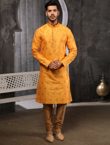 Amber Yellow Jacquard Silk Handwoven Festival Kurta
