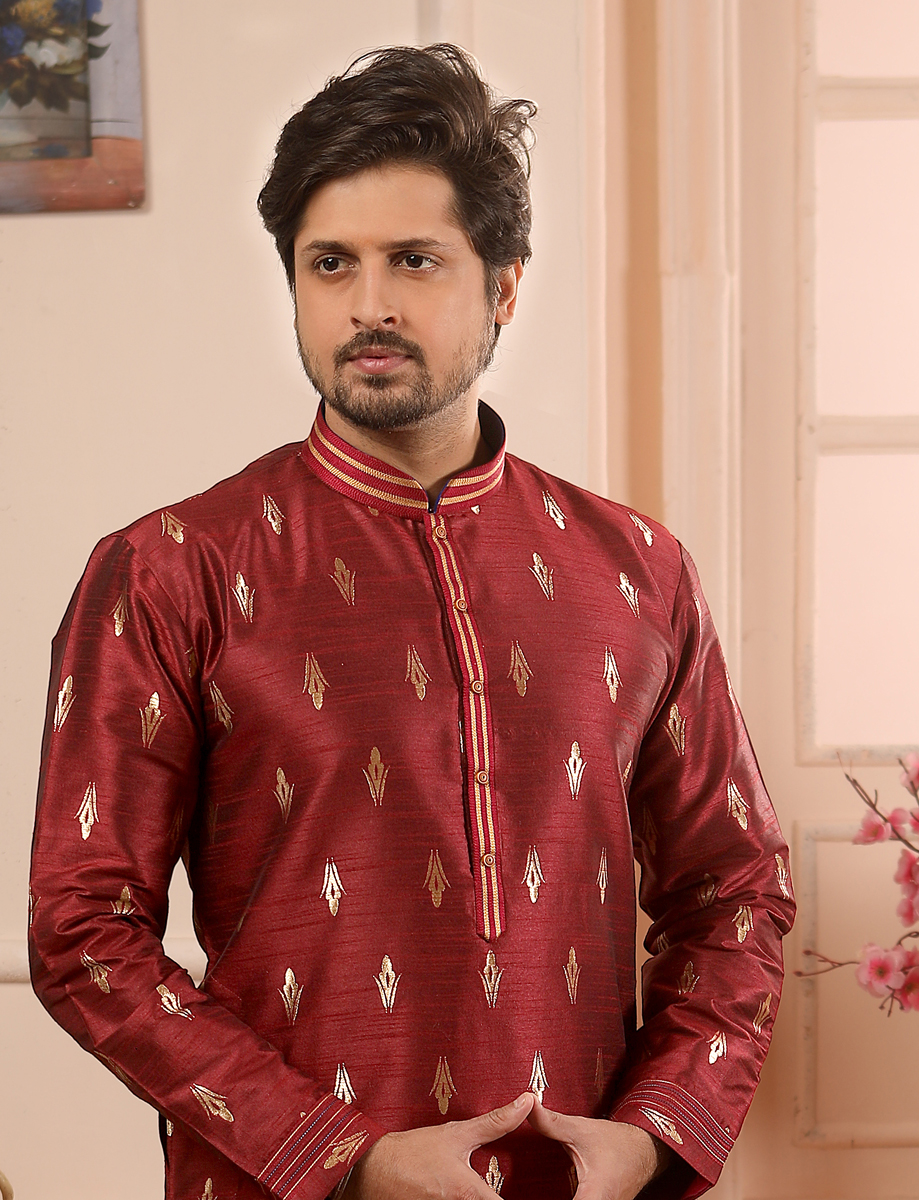 Wine Red Jacquard Silk Handwoven Festival Kurta