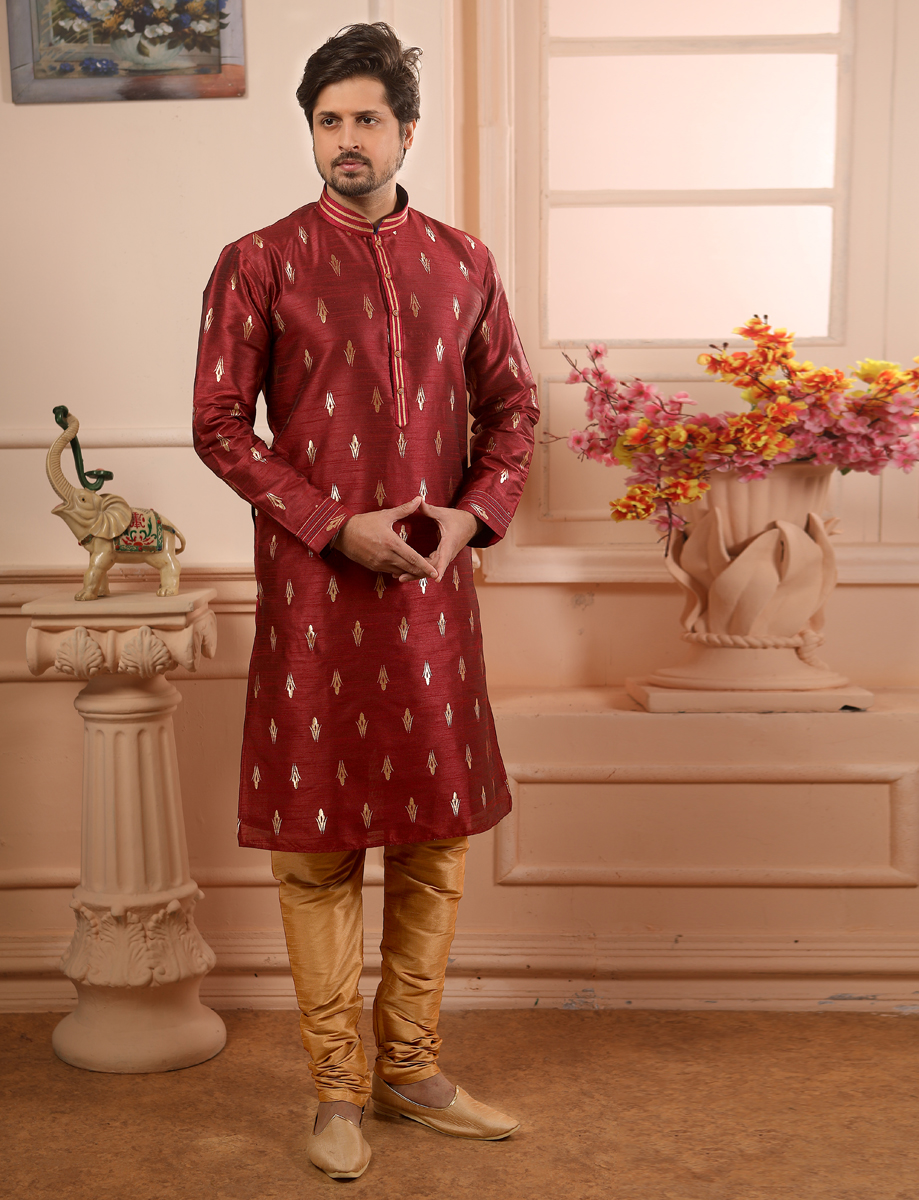 Wine Red Jacquard Silk Handwoven Festival Kurta