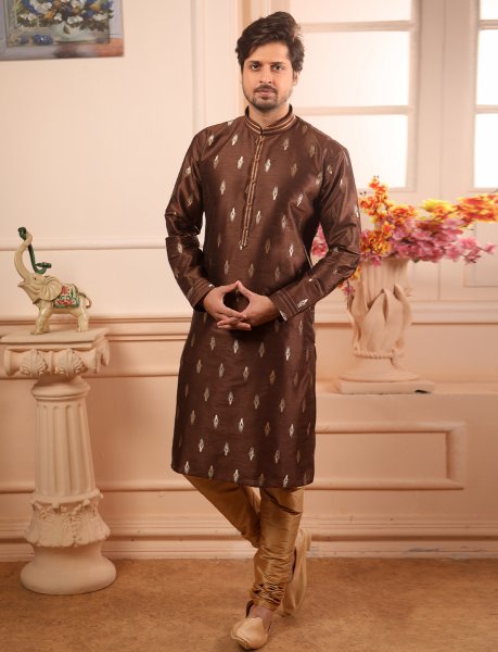 Raw Umber Brown Jacquard Silk Handwoven Festival Kurta