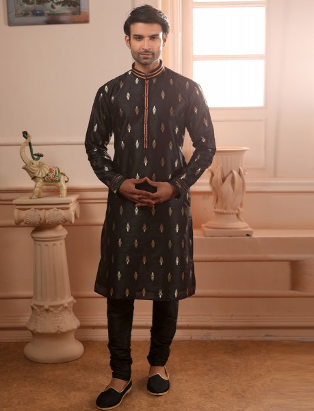 Black Jacquard Silk Handwoven Festival Kurta
