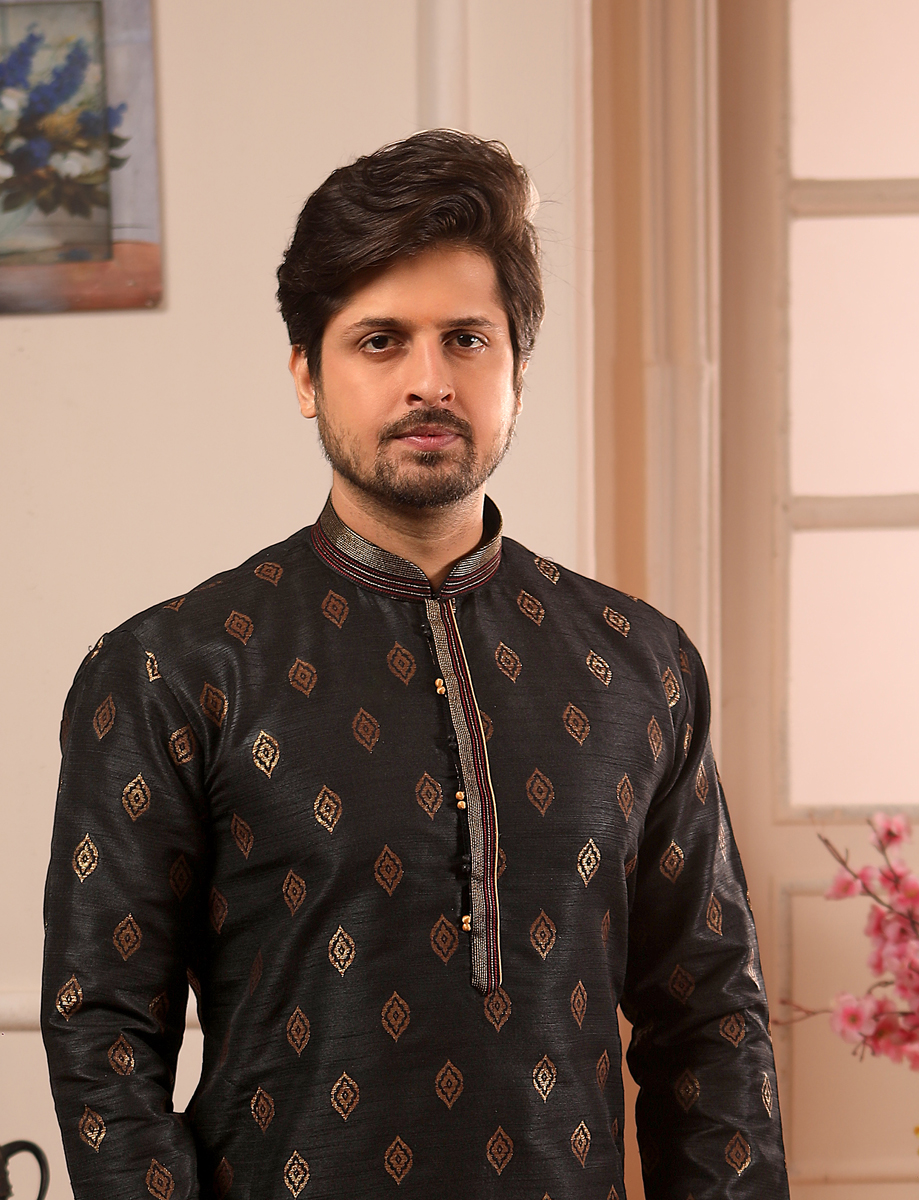Black Jacquard Silk Handwoven Festival Kurta