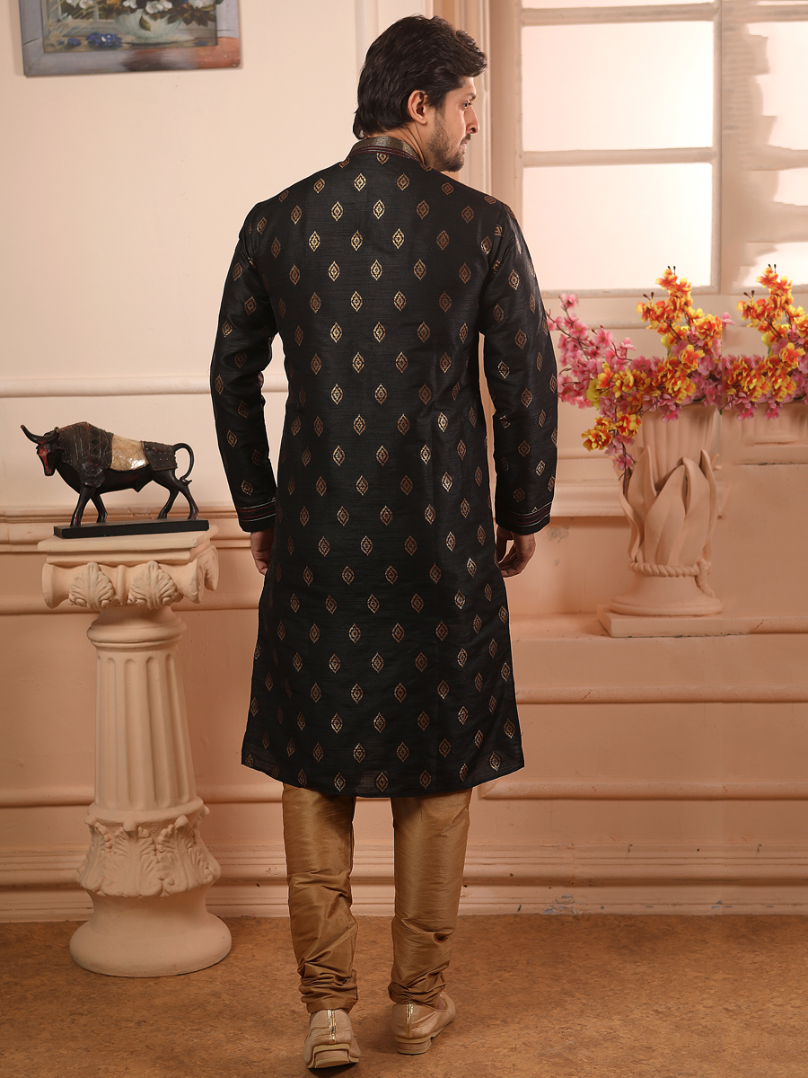 Black Jacquard Silk Handwoven Festival Kurta
