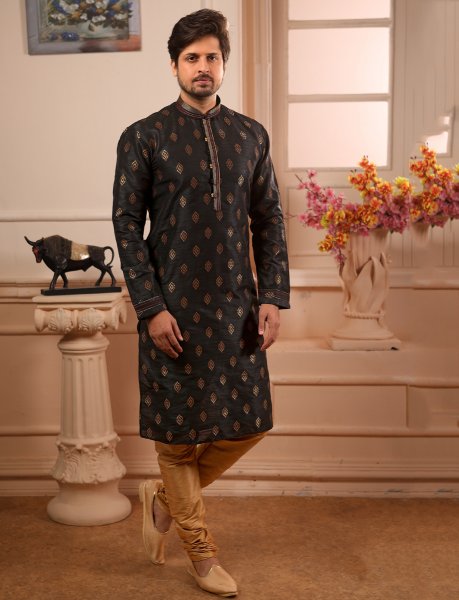 Black Jacquard Silk Handwoven Festival Kurta