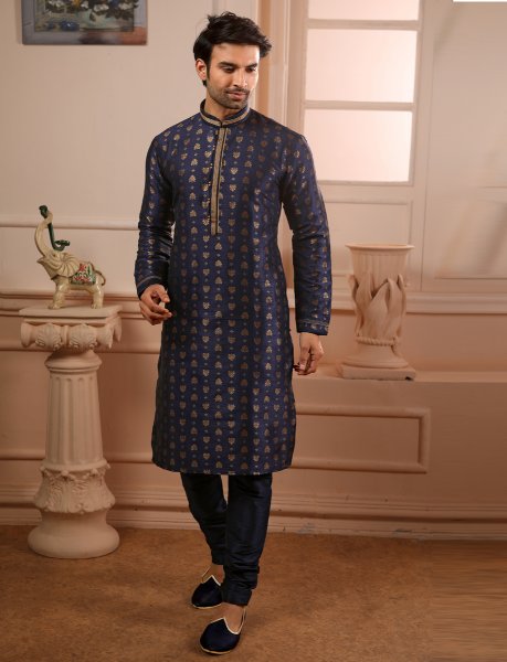 Sapphire Blue Jacquard Silk Handwoven Festival Kurta