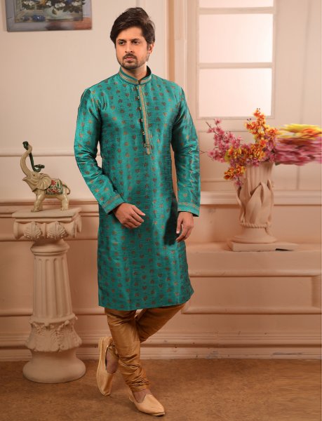 Teal Green Jacquard Silk Handwoven Festival Kurta