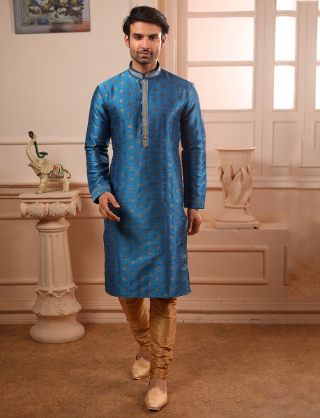 Cerulean Blue Jacquard Silk Plain Festival Kurta