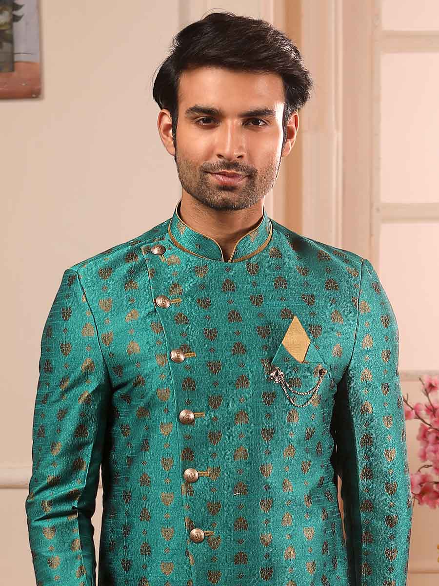 Teal Green Jacquard Silk Handwoven Festival Sherwani