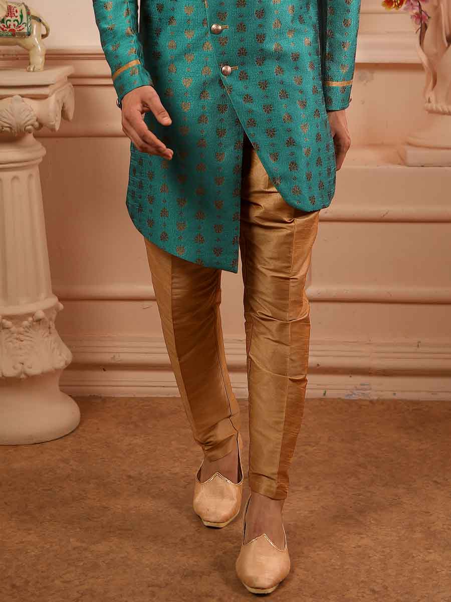 Teal Green Jacquard Silk Handwoven Festival Sherwani