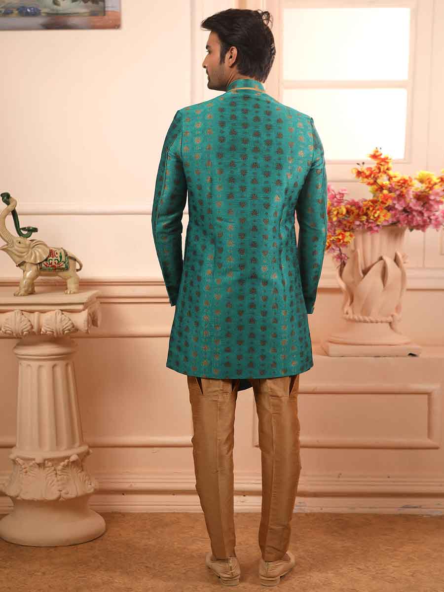 Teal Green Jacquard Silk Handwoven Festival Sherwani