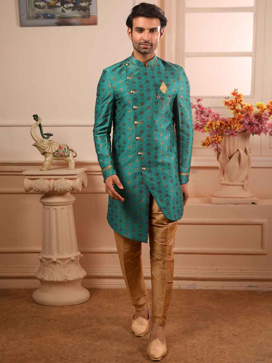 Teal Green Jacquard Silk Handwoven Festival Sherwani