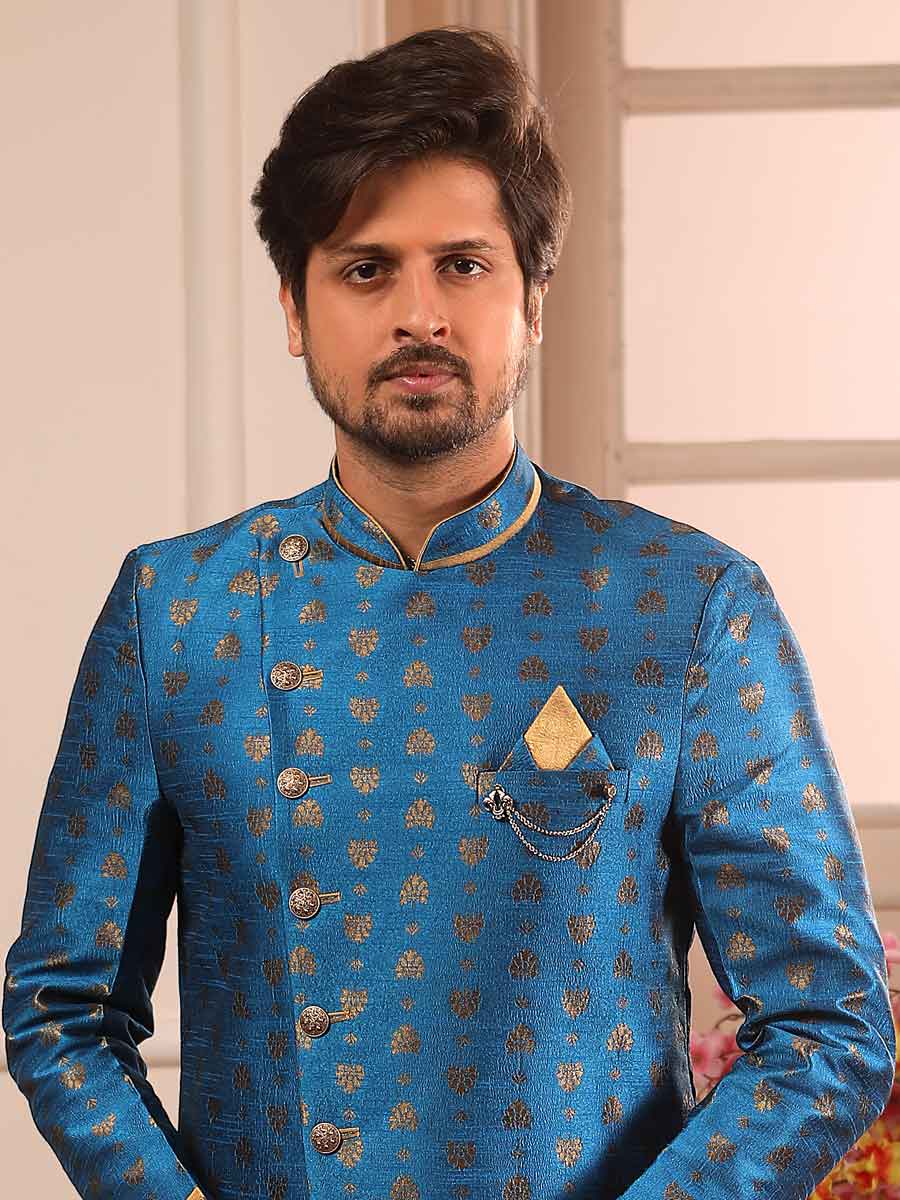 Cerulean Blue Jacquard Silk Handwoven Festival Sherwani