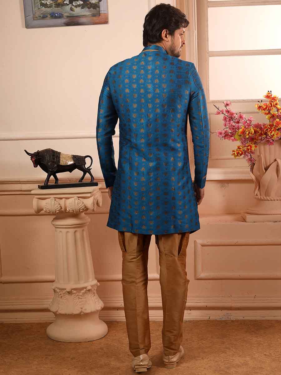 Cerulean Blue Jacquard Silk Handwoven Festival Sherwani