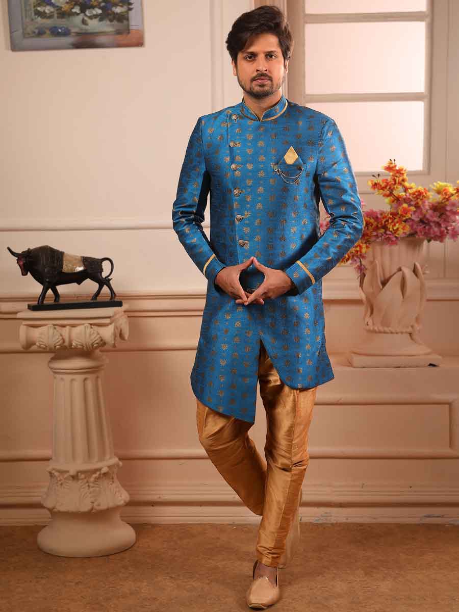 Cerulean Blue Jacquard Silk Handwoven Festival Sherwani