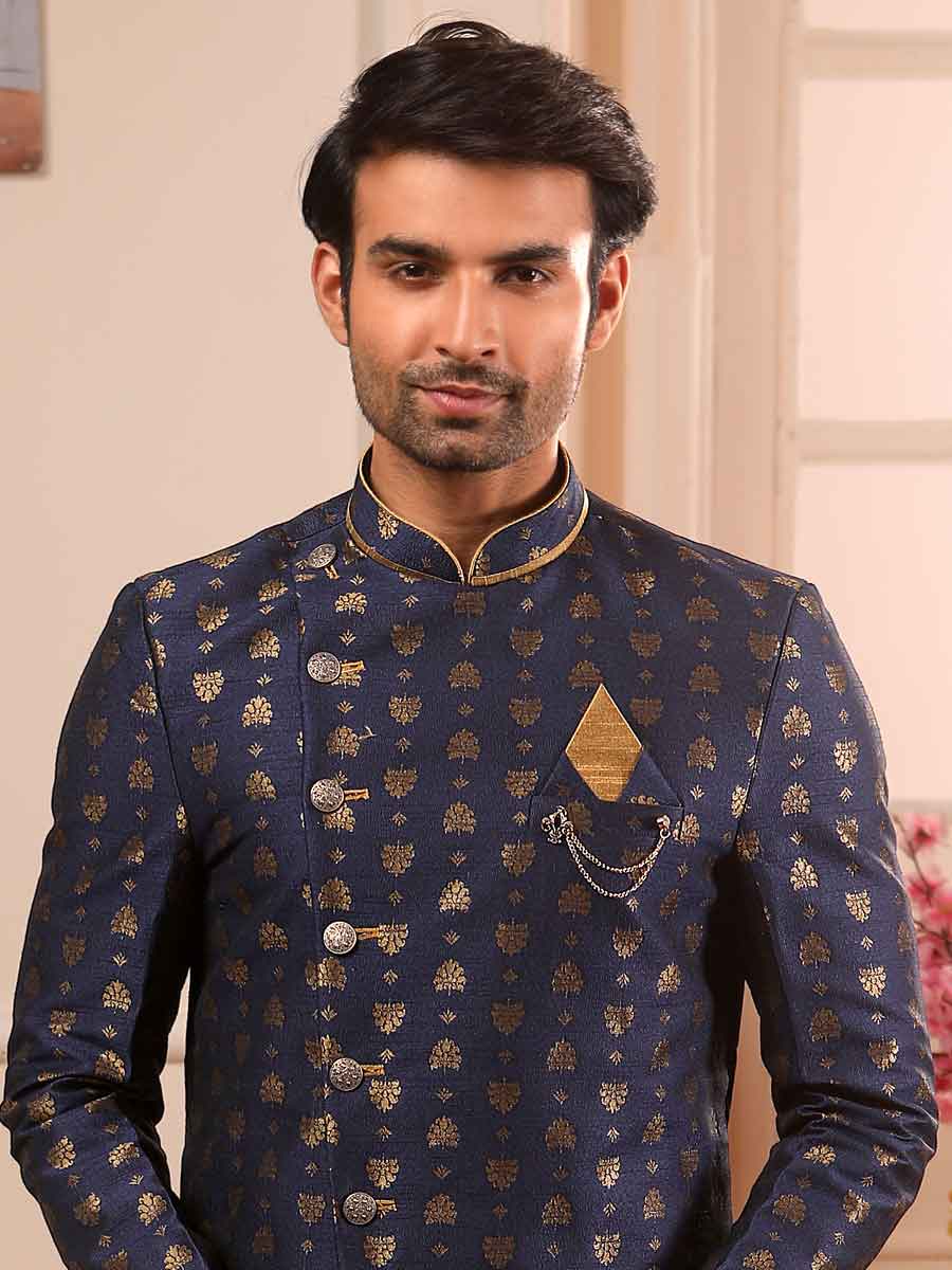 Sapphire Blue Jacquard Silk Handwoven Festival Sherwani