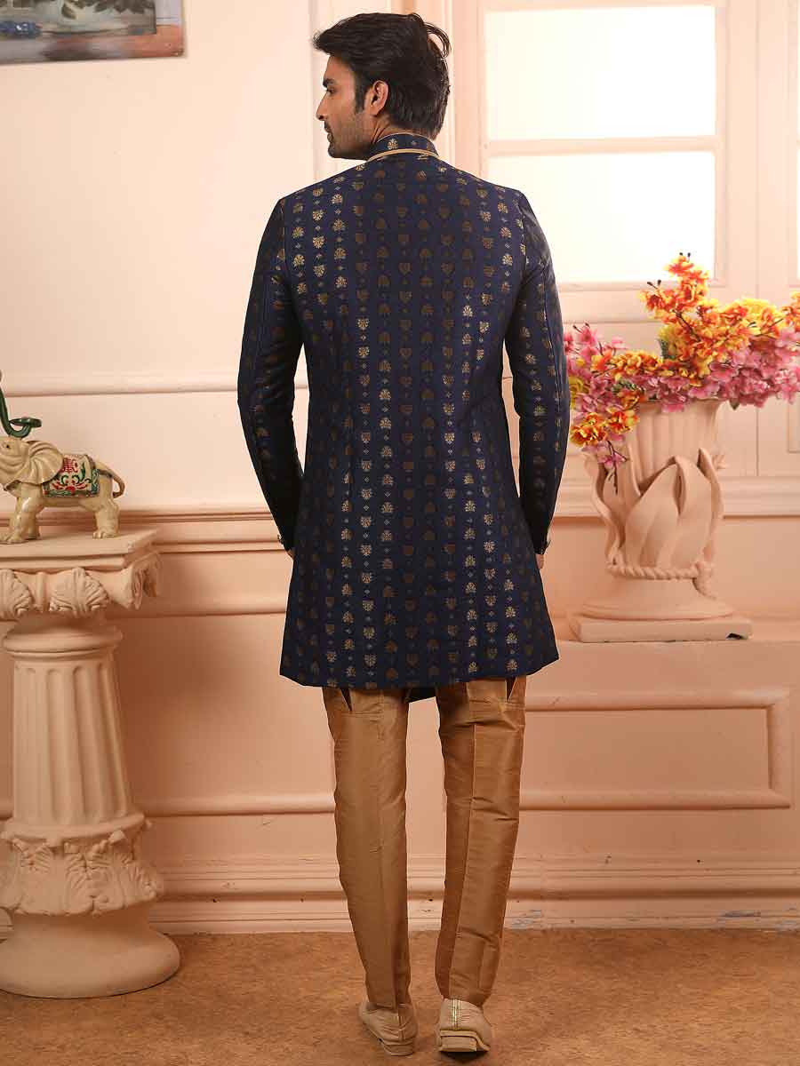 Sapphire Blue Jacquard Silk Handwoven Festival Sherwani
