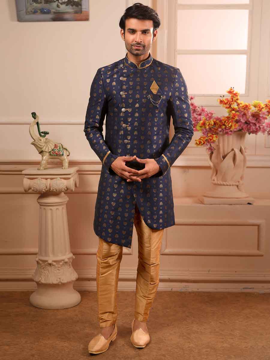 Sapphire Blue Jacquard Silk Handwoven Festival Sherwani