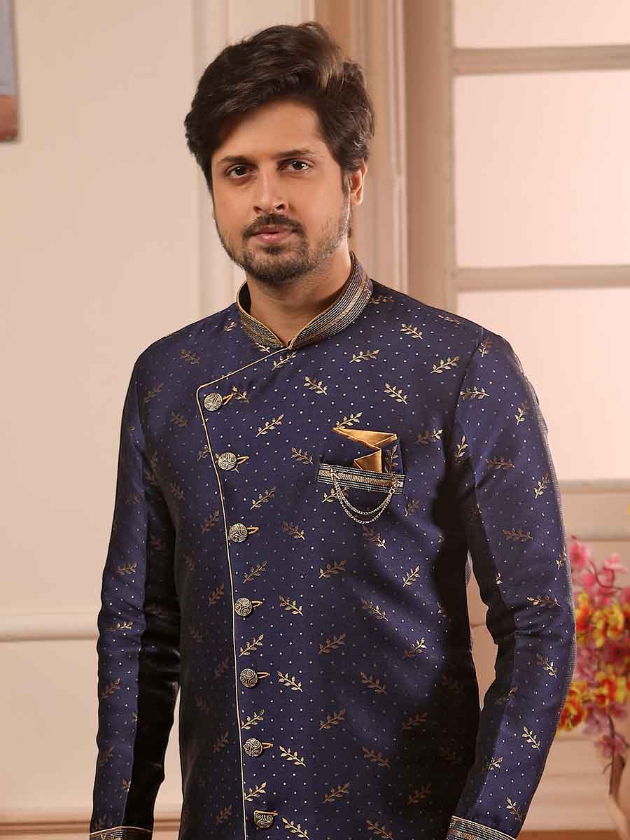 Sapphire Blue Jacquard Silk Handwoven Festival Sherwani
