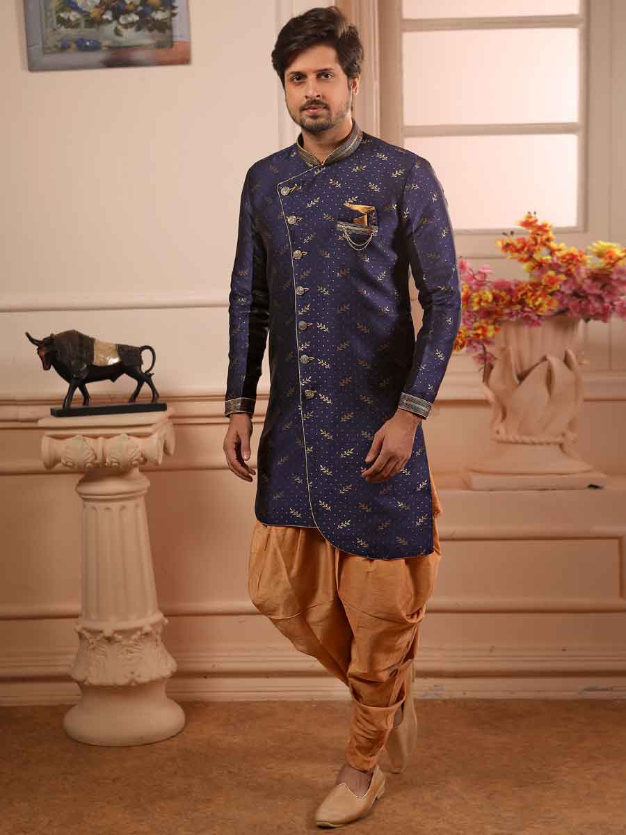 Sapphire Blue Jacquard Silk Handwoven Festival Sherwani