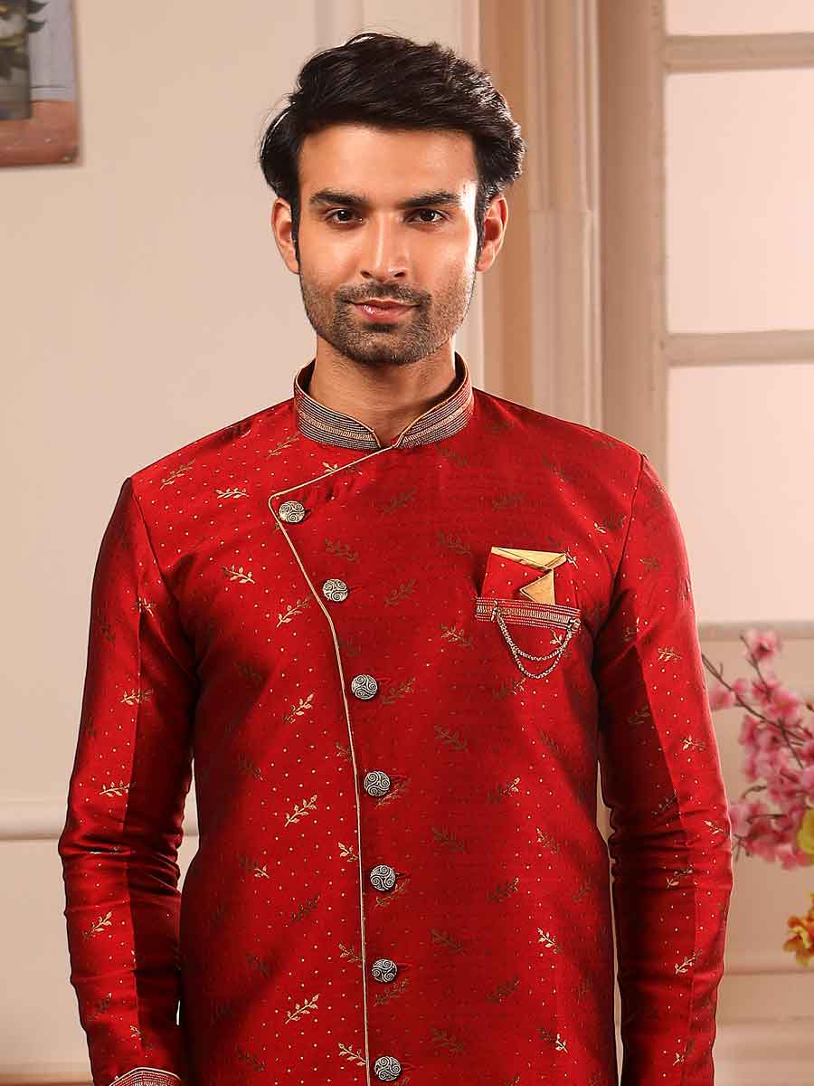 Maroon Jacquard Silk Handwoven Festival Sherwani