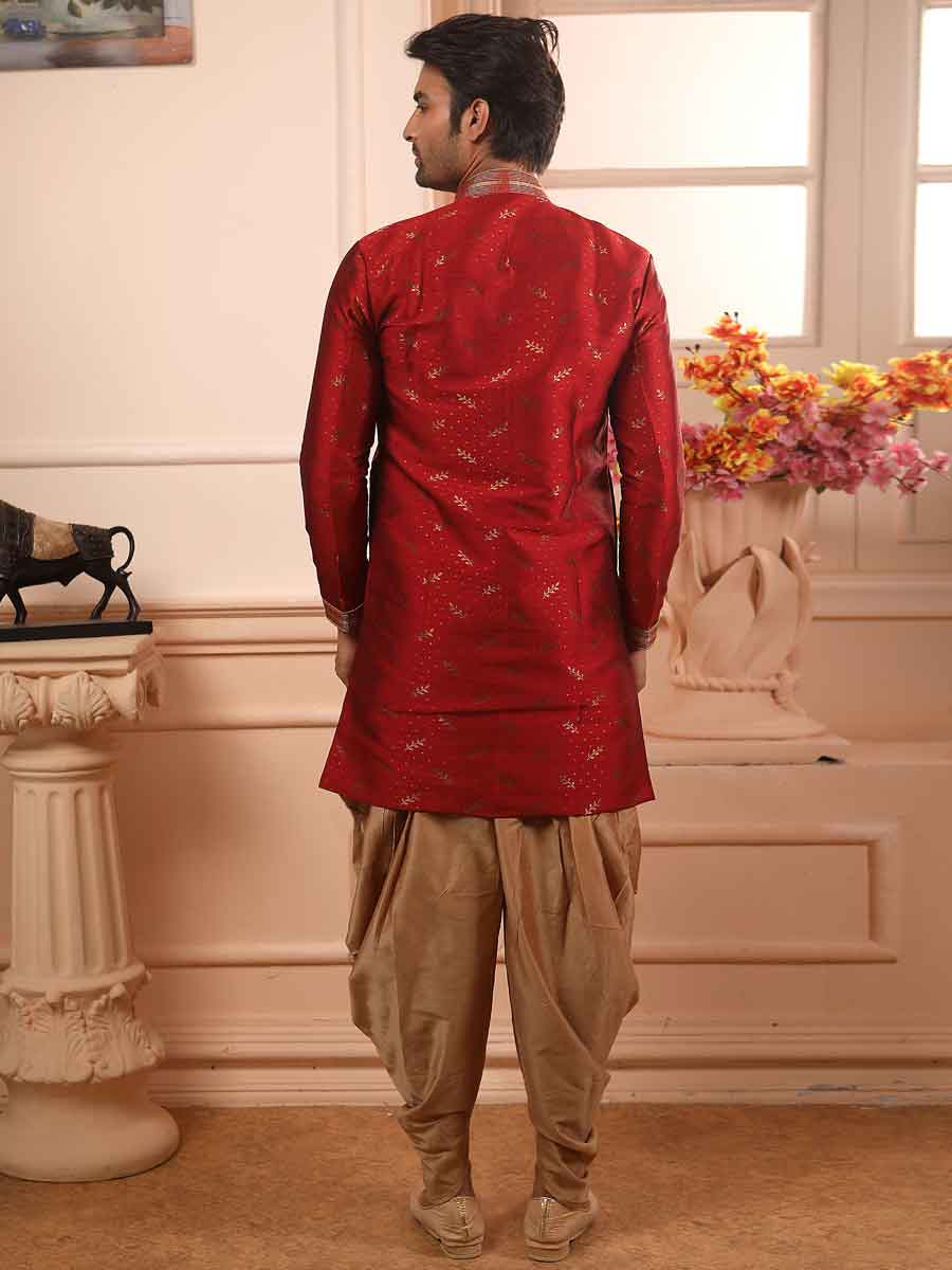 Maroon Jacquard Silk Handwoven Festival Sherwani