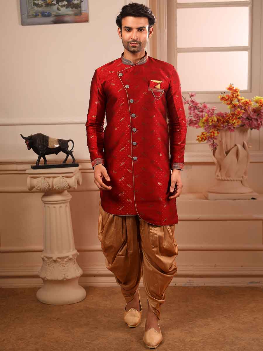 Maroon Jacquard Silk Handwoven Festival Sherwani