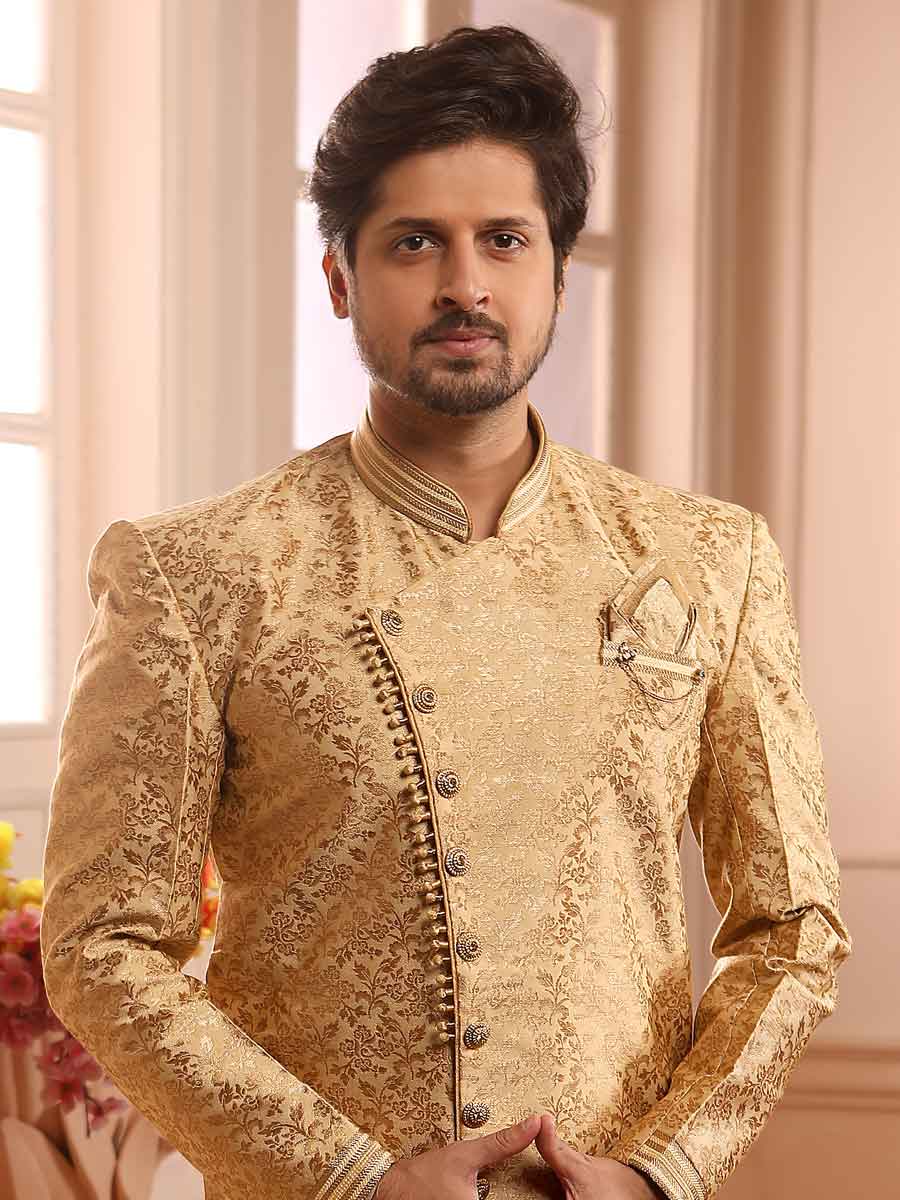 Golden Yellow Jacquard Silk Handwoven Festival Sherwani