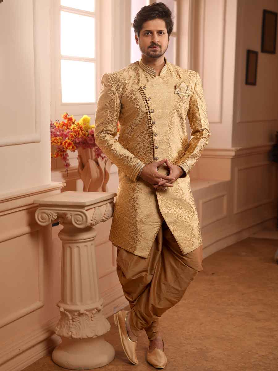 Golden Yellow Jacquard Silk Handwoven Festival Sherwani
