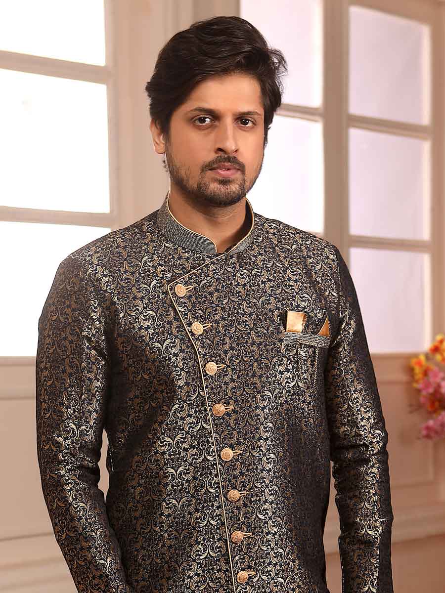 Sapphire Blue Jacquard Silk Handwoven Festival Sherwani