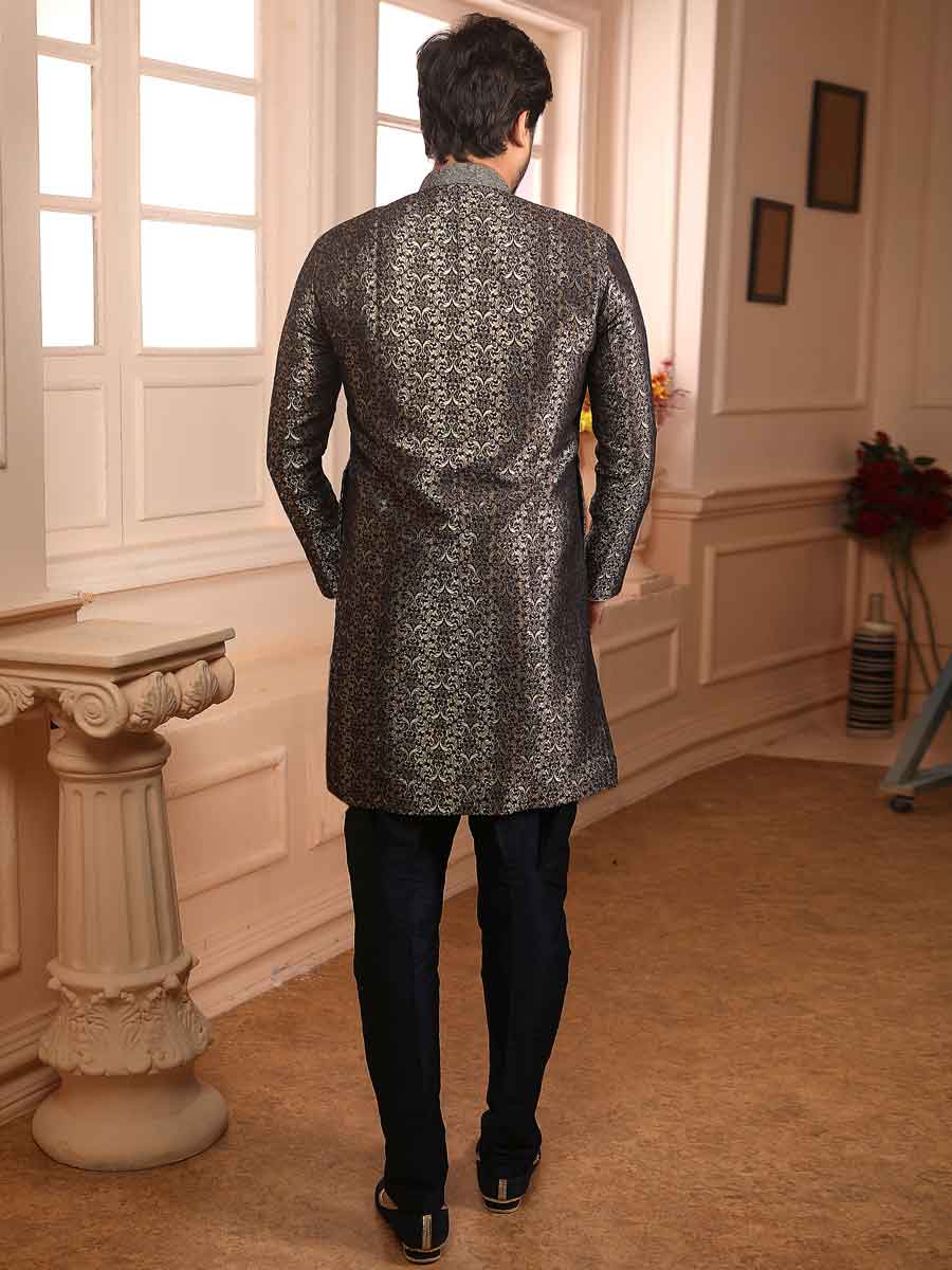 Sapphire Blue Jacquard Silk Handwoven Festival Sherwani