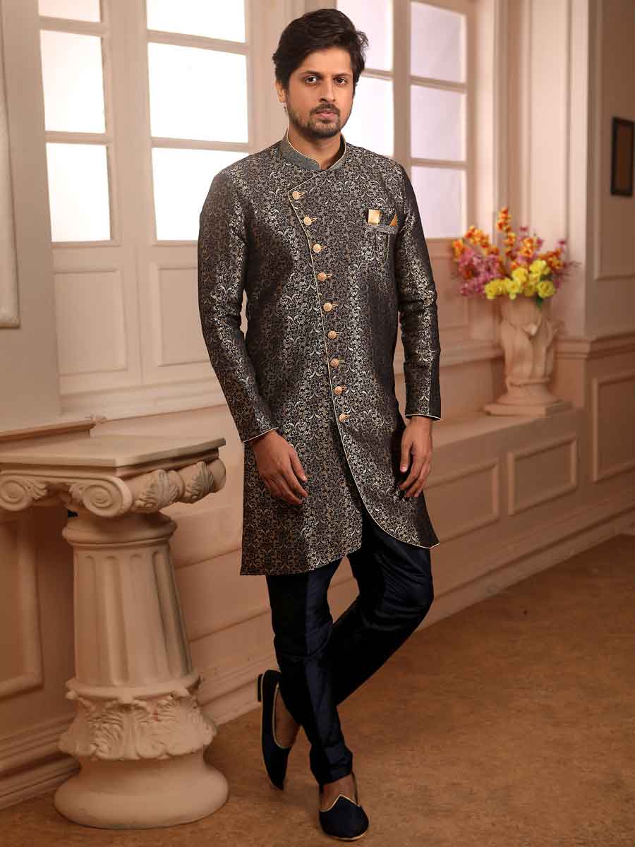 Sapphire Blue Jacquard Silk Handwoven Festival Sherwani