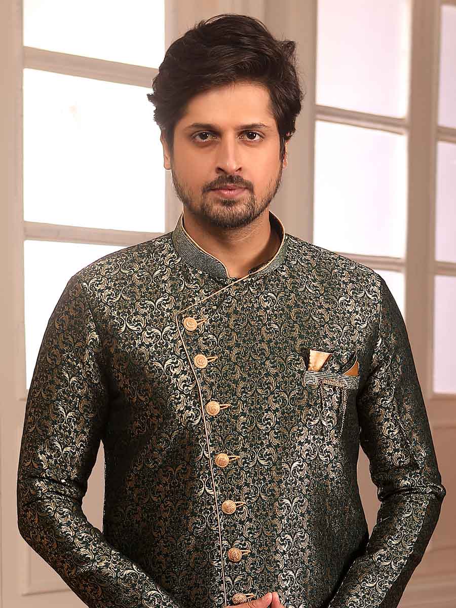 Myrtle Green Jacquard Silk Handwoven Festival Sherwani