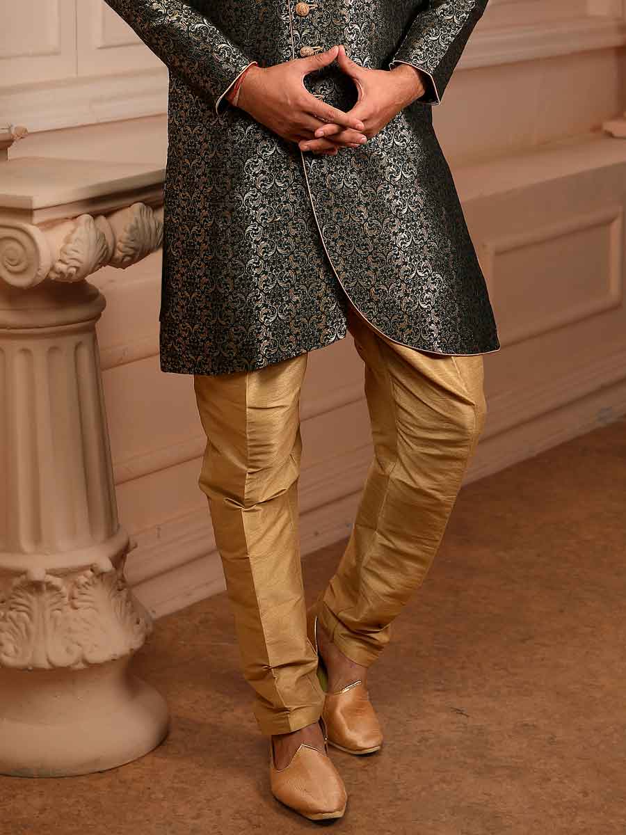 Myrtle Green Jacquard Silk Handwoven Festival Sherwani