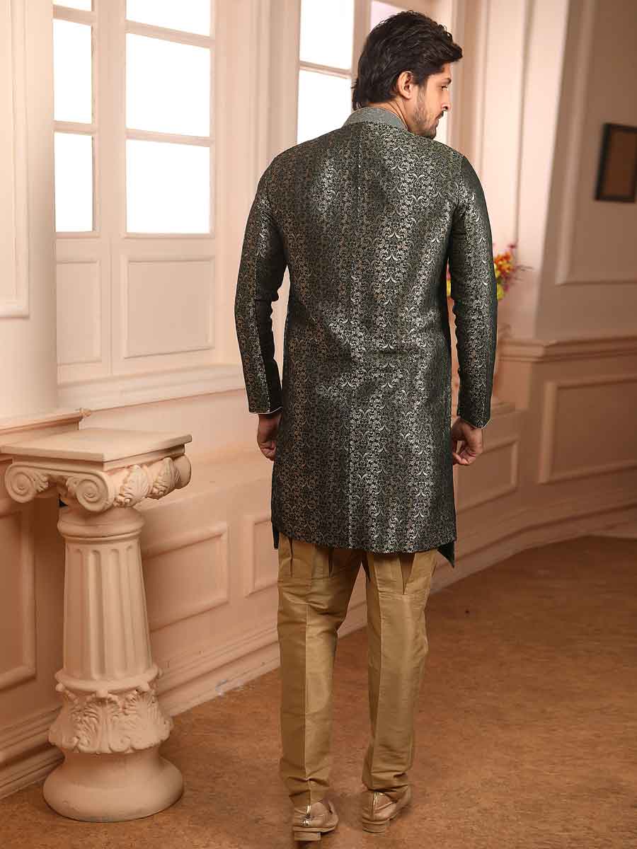 Myrtle Green Jacquard Silk Handwoven Festival Sherwani