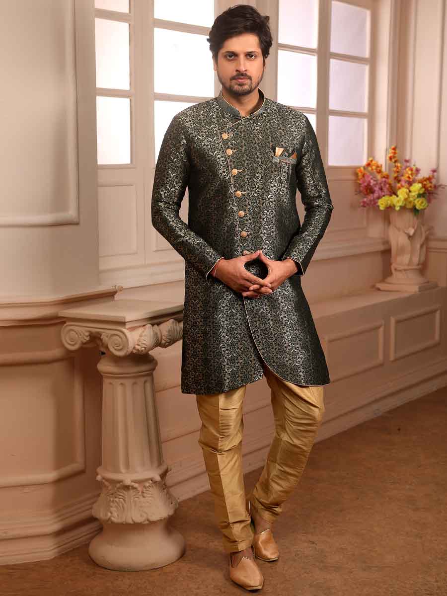 Myrtle Green Jacquard Silk Handwoven Festival Sherwani