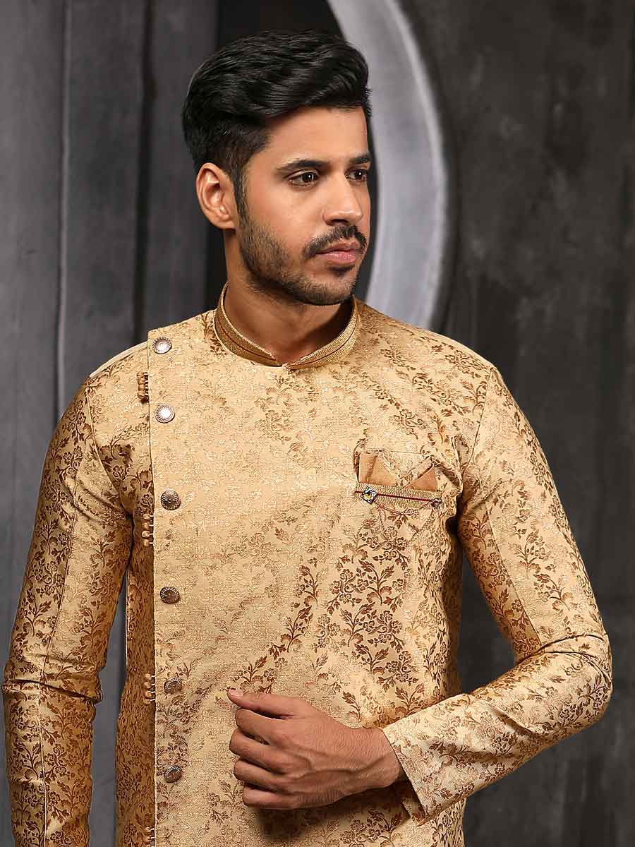 Golden Yellow Jacquard Silk Handwoven Festival Sherwani
