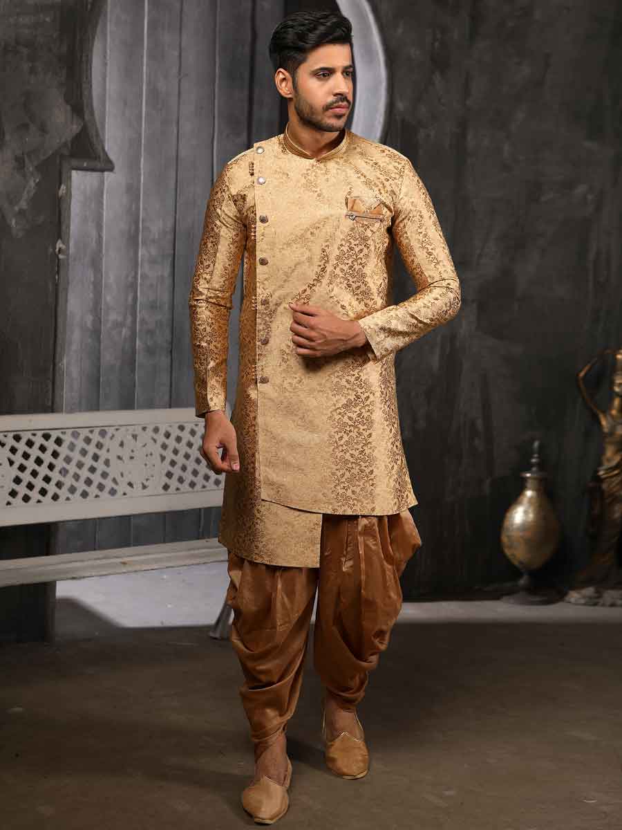 Golden Yellow Jacquard Silk Handwoven Festival Sherwani