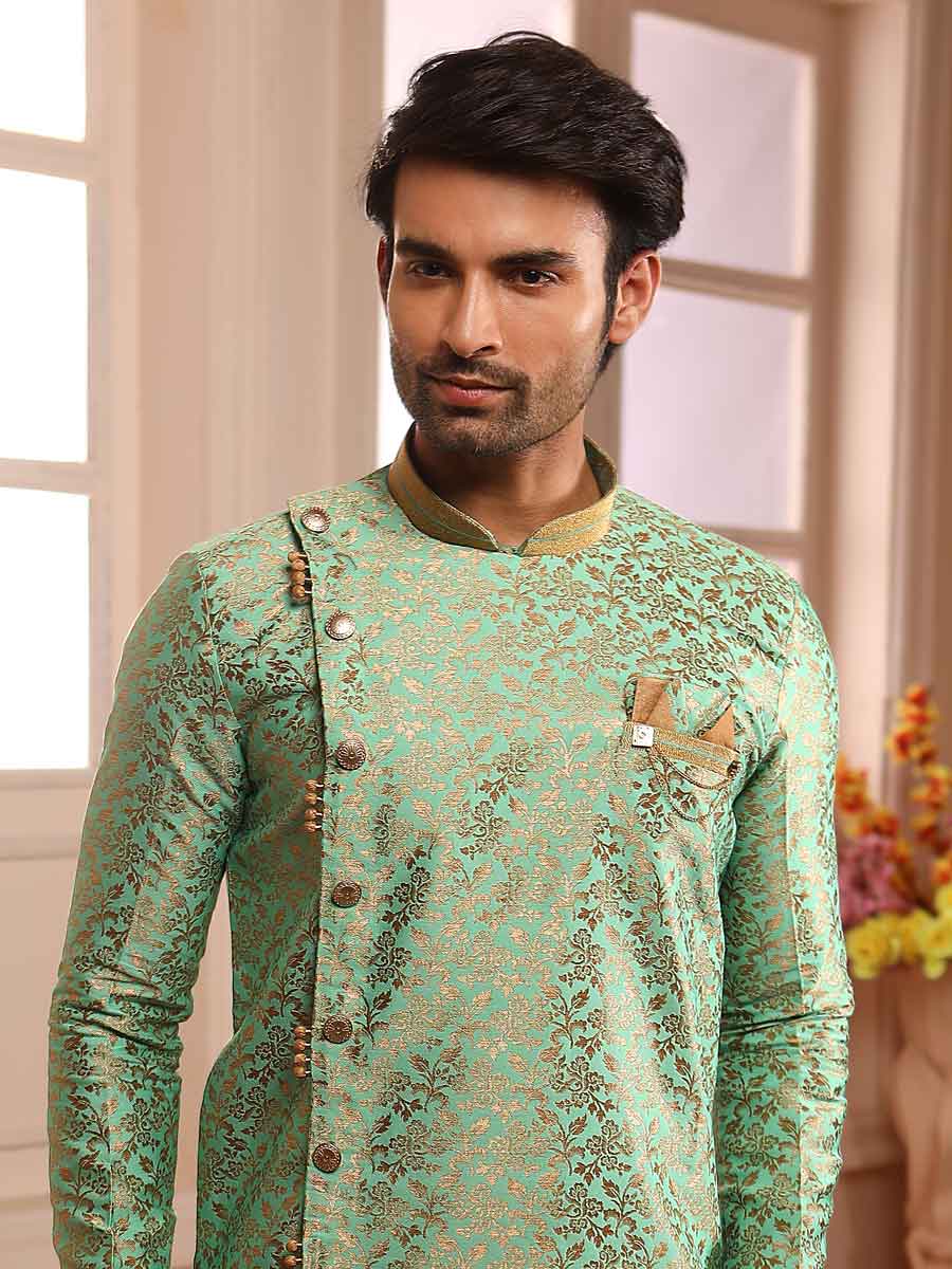 Celadon Green Jacquard Silk Handwoven Festival Sherwani