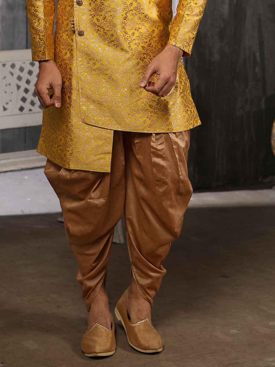 Amber Yellow Jacquard Silk Handwoven Festival Sherwani