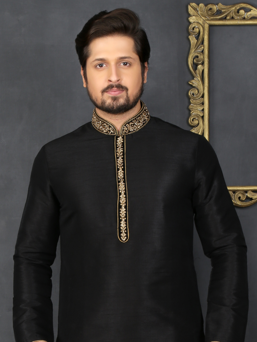 Black Art Banarasi Silk Embroidered Festival Kurta