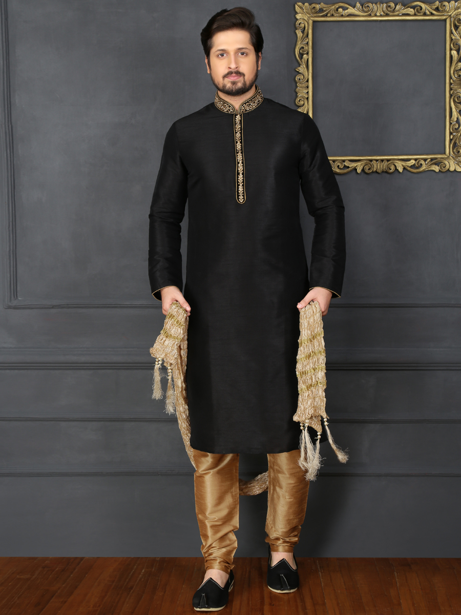 Black Art Banarasi Silk Embroidered Festival Kurta