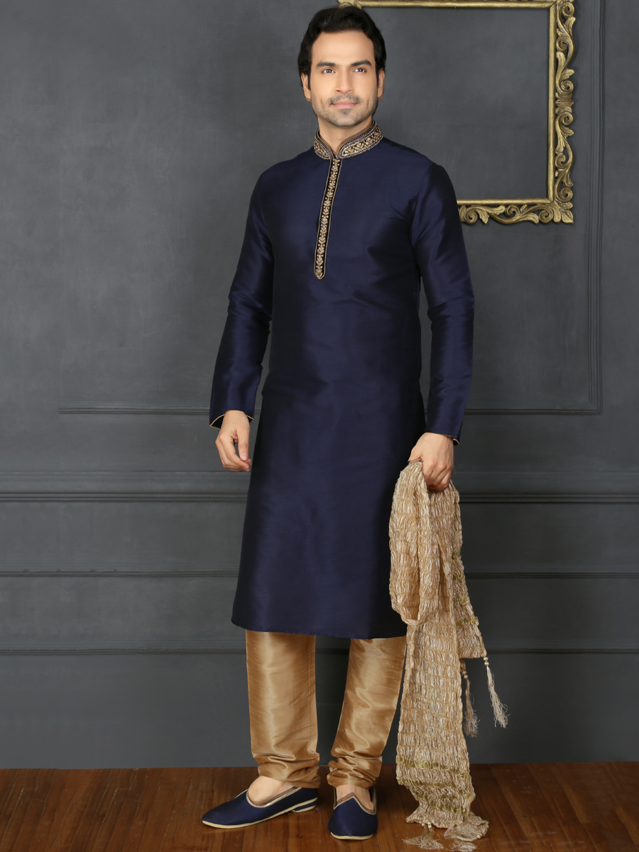Midnight Blue Art Banarasi Silk Embroidered Festival Kurta