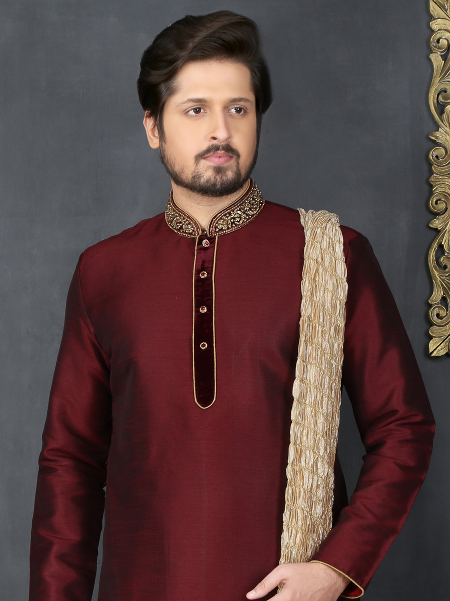 Maroon Art Banarasi Silk Embroidered Festival Kurta